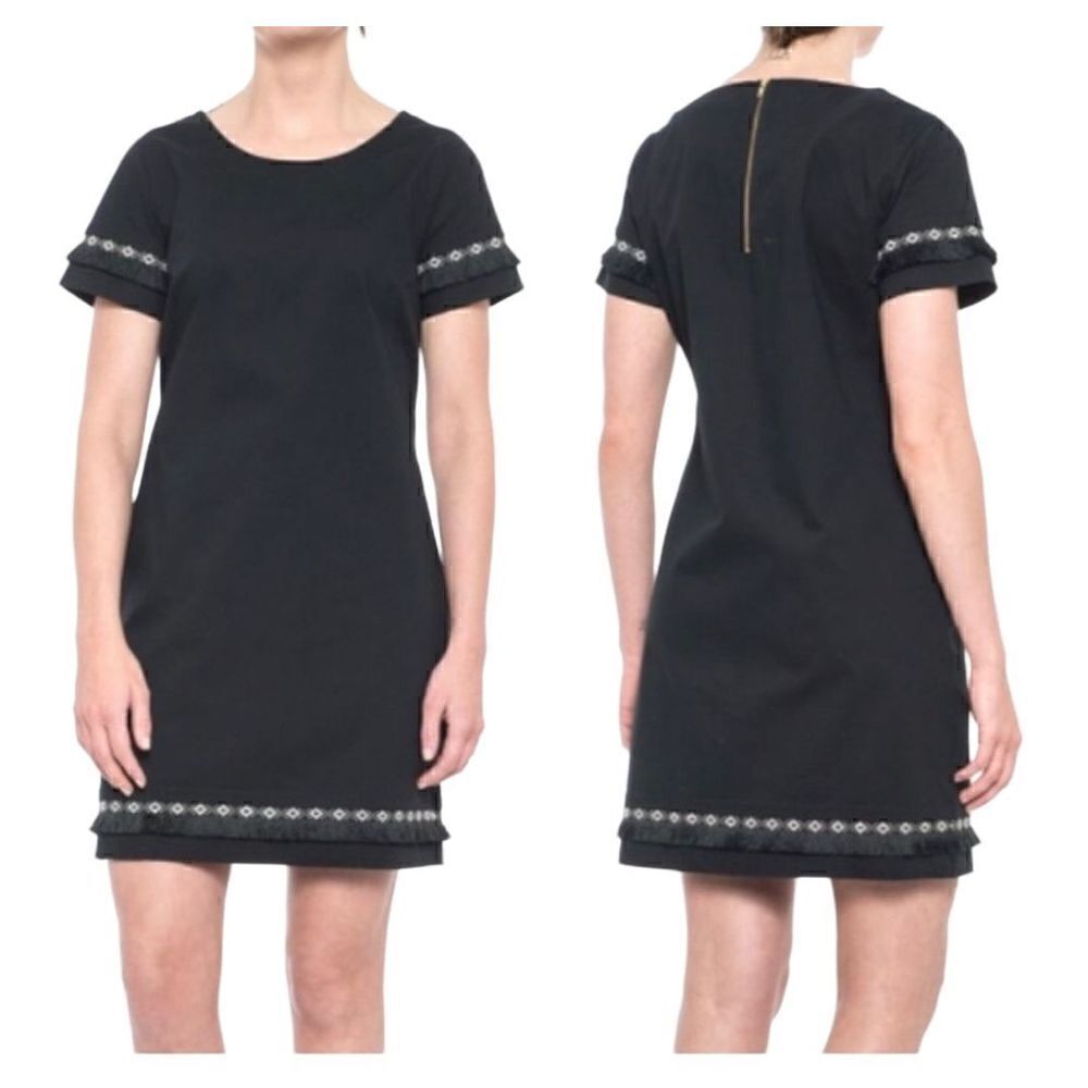 Coercion London black short sleeve boho fringe embroidered shift dress size 10